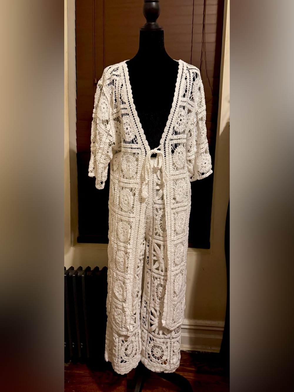 AZ Boutique Ivory Cotton Cardigan Crochet Floral Vest & Pant Set